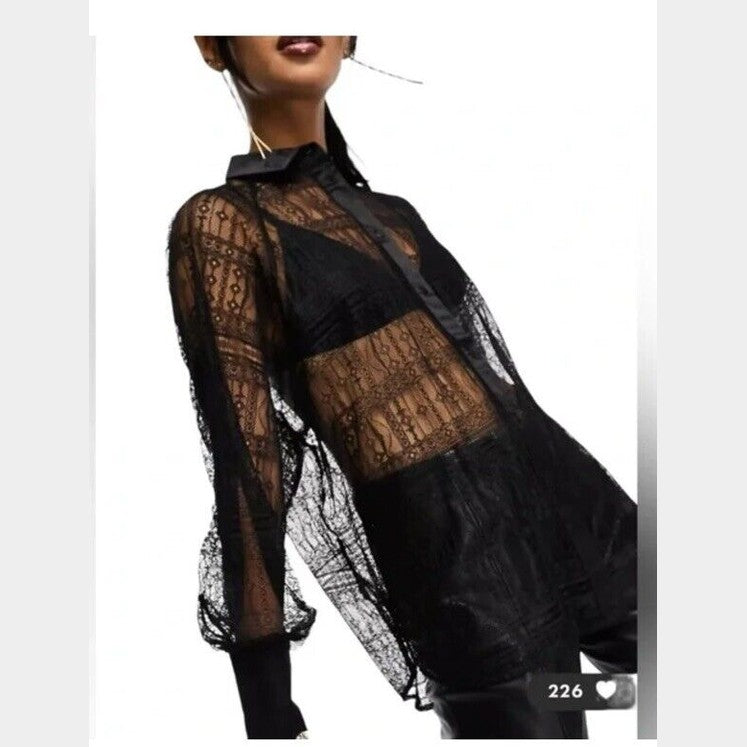 $269 ALLSAINTS "Oana" Black Sheer Lace Relaxed Button Up Shirt Blouse-Sz 4- NWT