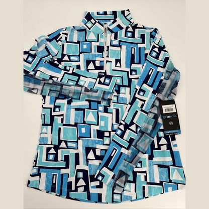 $100 Ibkul Women’s Long Sleeve Zip Mock Neck Top-Jennifer Turquoise -Small -New