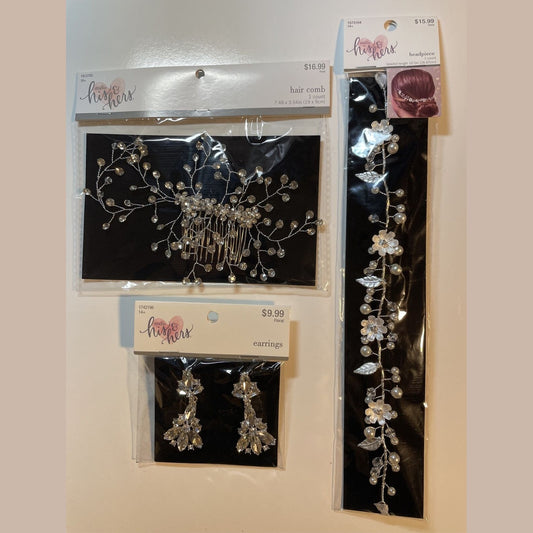 Combo Lot 3 PCs Studio His & Hers WEDDING Set: Hair Comb - Headpiece - Earrings