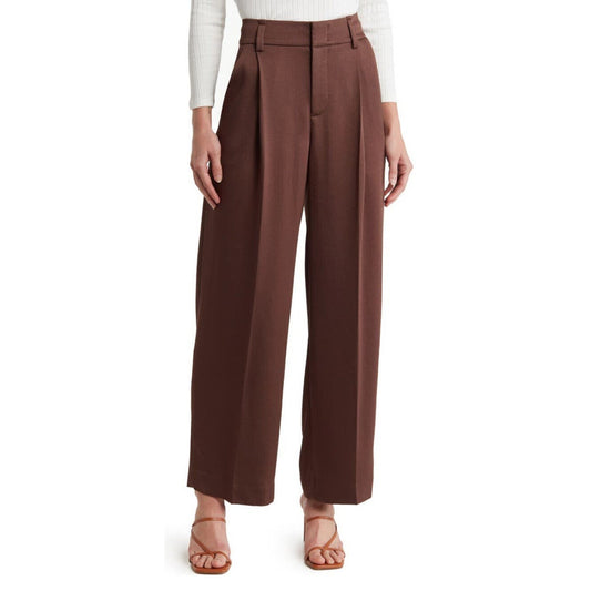 $465 Vince Women's Pleated Satin Wide Leg Trouser Pants-Brown-Size 4-New Tags