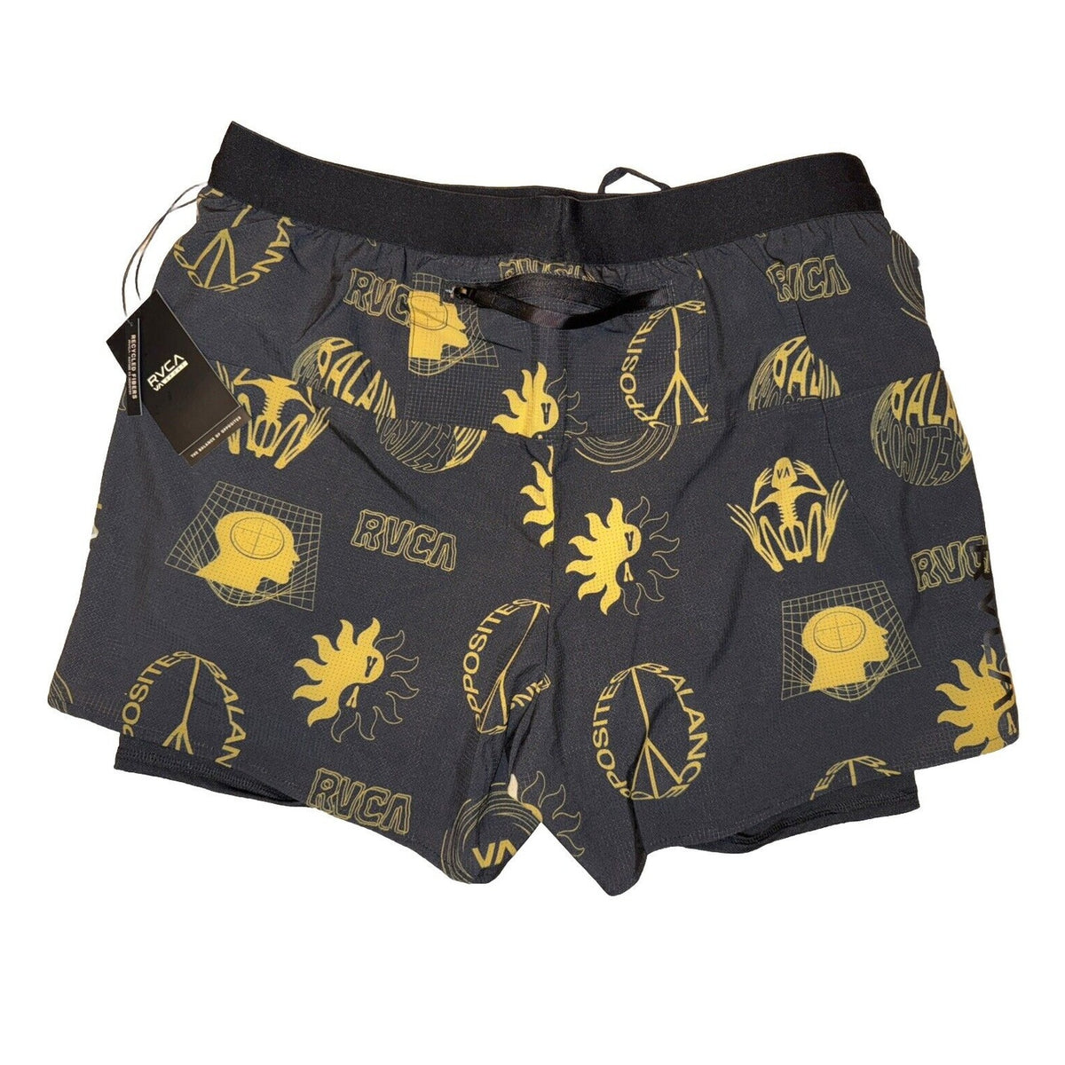 $86 Rvca Men's Active Performance 2 In 1 Runner  Shorts - Black/Gold- Large -New