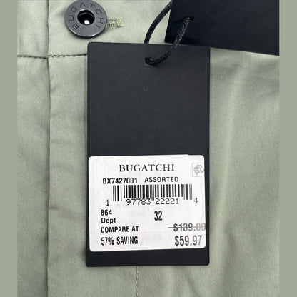 $139 Bugatchi Men’s Flat Front Bermuda Stretch Chino Shorts- Green-Size: 32W-New