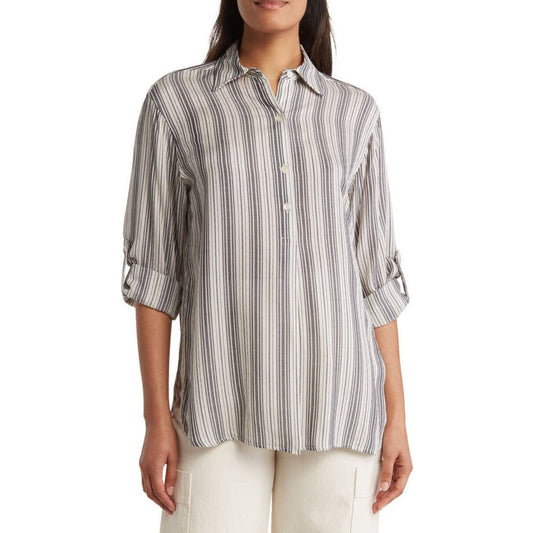Max Studio Women’s Collard Stripes Blouse Long Sleeve-Black/White-Medium-New $98