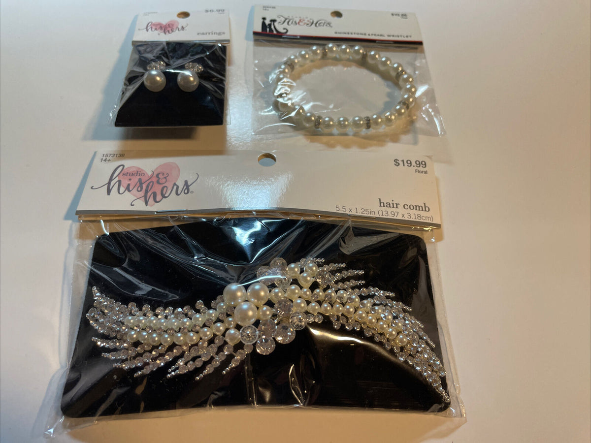 Combo Lot 3 PCs Studio His & Hers WEDDING Set: EARRING - HAIR COMB - Bracelet