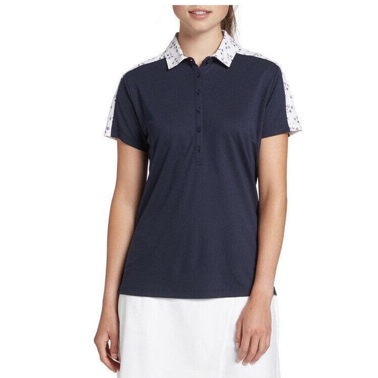 Lady Hagen Women's Printed Block Golf Polo Shirt - Navy/white - Medium - New $55