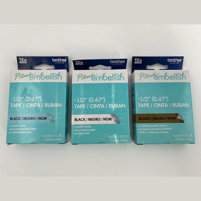 3 X Brother P-Touch Embellish Tape & Satin Ribbon ~1/2" (0.47") -NEW-LOT OF 3!