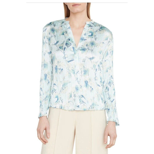 $295 Vince Women’s Floral Crushed Satin Blouse Shirt- Pale Lagoon-Small-New Tag