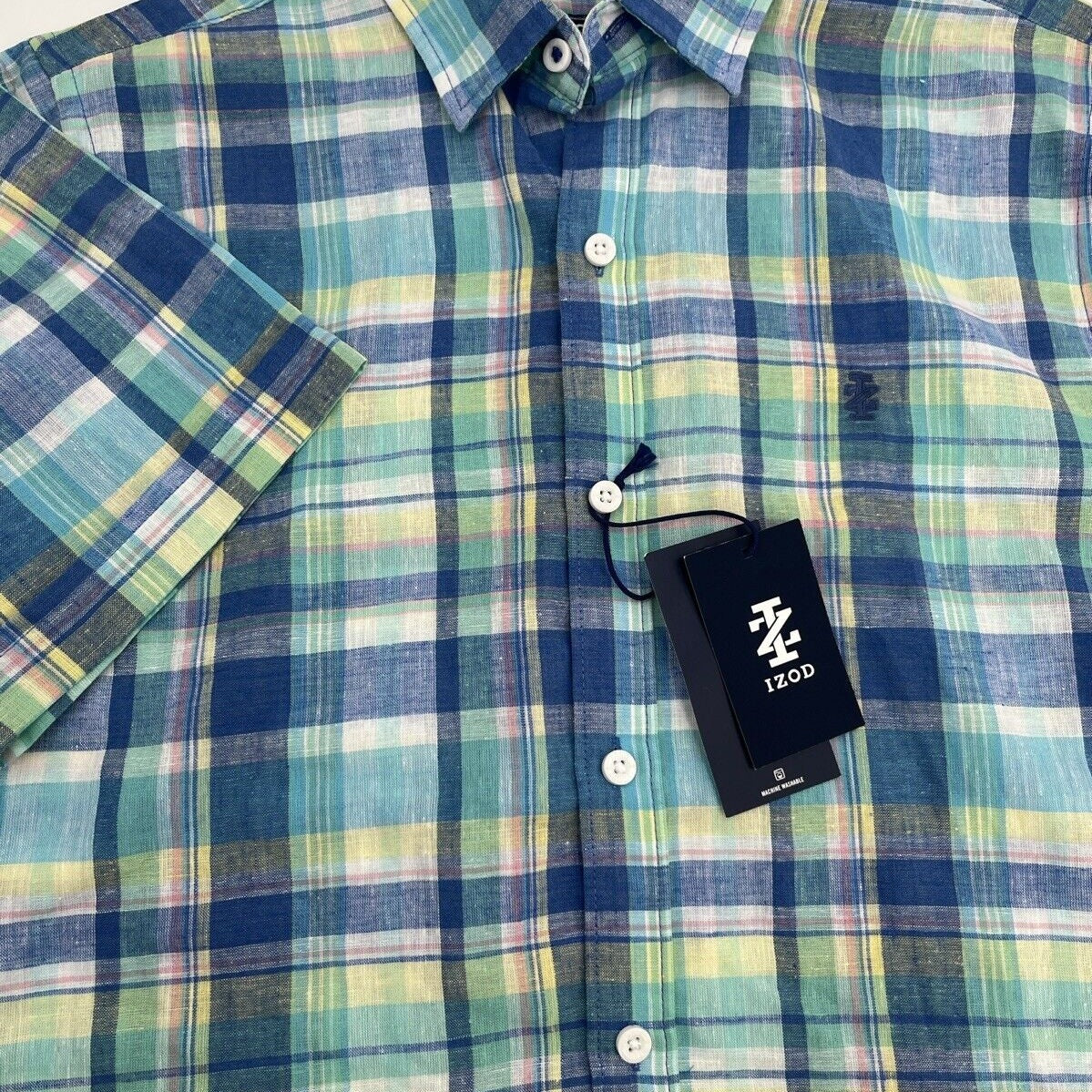 $50 Izod Men’s Linen Blend Madras SS Button Up Shirt-Florida Keys Plaid-Small