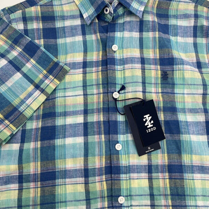 $50 Izod Men’s Linen Blend Madras SS Button Up Shirt-Florida Keys Plaid-Small