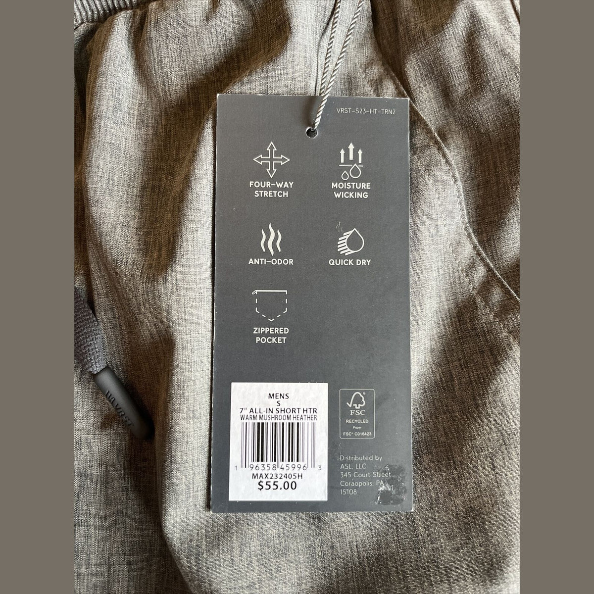 VRST Men's 7 Inch All-In Athletic Shorts-Warm Mushroom Heather-Small-New Tag $55