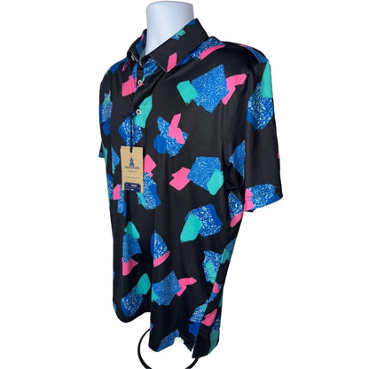 Chubbies Men's The Abs Tract  Performance Polo Shirt- Black Multi- Large -New