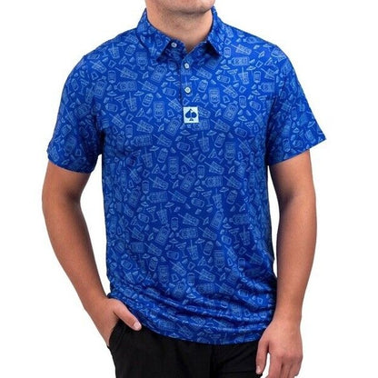 $70 Pins & Aces Men’s Happy Hour Performance Stretch Polo-Blue Bonnet-Medium-New