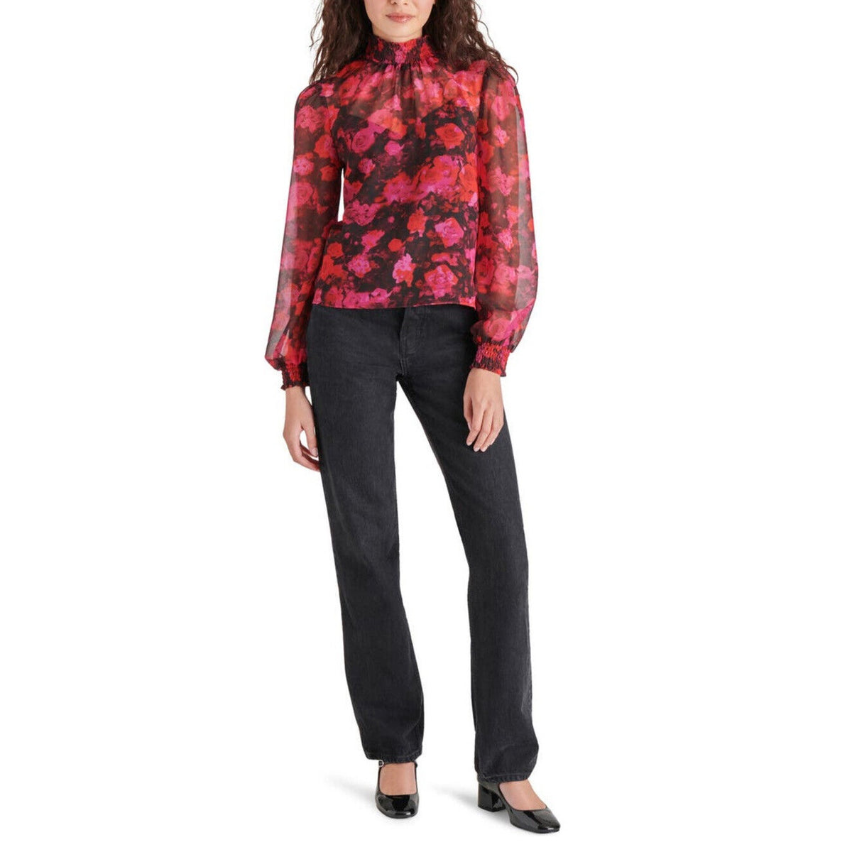 Steve Madden Women’s Floral Mock Neck Chiffon Top-Multi Pink-Medium-NWT $69