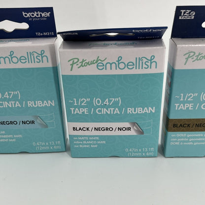3 X Brother P-Touch Embellish Tape & Satin Ribbon ~1/2" (0.47") -NEW-LOT OF 3!
