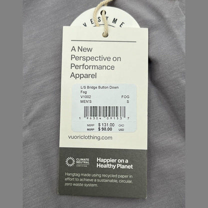 Vuori Men’s Bridge Button Down Long Sleeve Shirt -Fog Grey-Small-*New* Tag $98