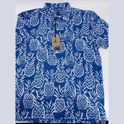 Chubbies Men's The Thigh Napple Performance Polo Shirt- Blue Pineapple - XLarge