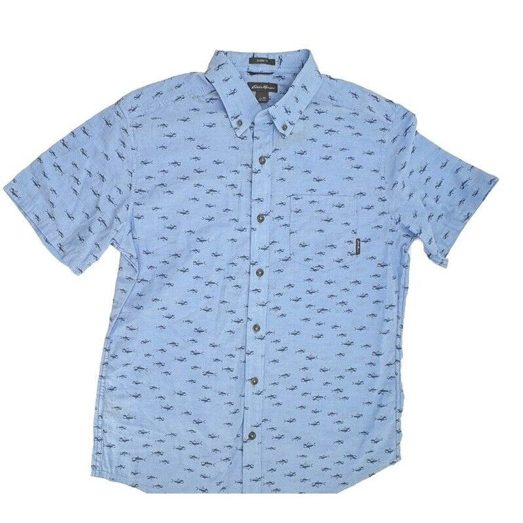 $50 Eddie Bauer Men's Baja Print Camping Short Sleeve Shirt-Chambray -Medium-New