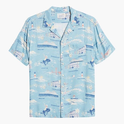 $158 Faherty Men’s Kona Short Sleeve Camp Shirt Tour Print Button-Blue-Medium