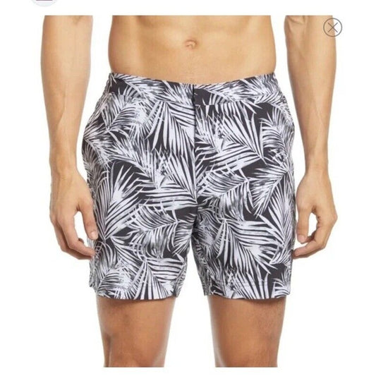 $89 FAIR HARBOR Men’s Sextant Swim Trunk Inner Lined Shorts-white/Blk-Size: 32W