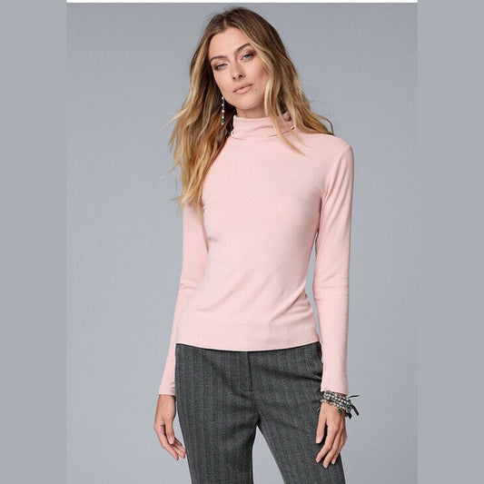 Simply Vera Wang  Essential Ribbed Turtle Neck Shirt Top-Rose-Large-New Tag$36