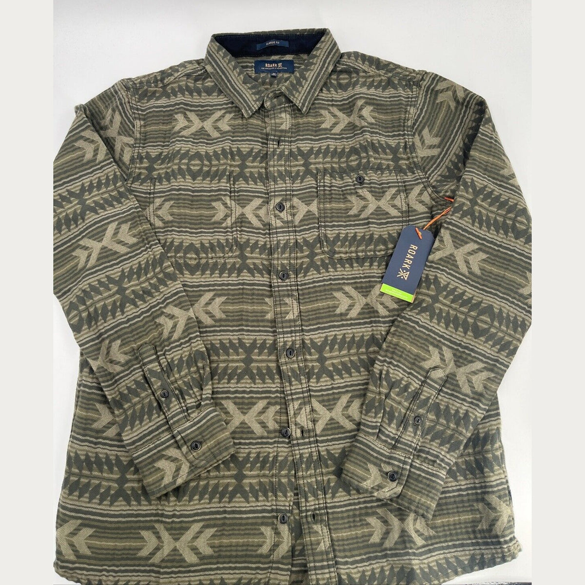 $119 Roark Men’s Weston Long Sleeve Button Up Jacquard Shirt-Military-Medium
