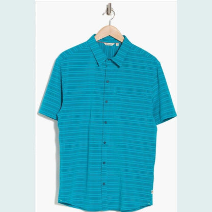 $80 COTOPAXI Men’s Cambio Button Up Short Sleeve Shirt-Mineral Blue Stripe-Small