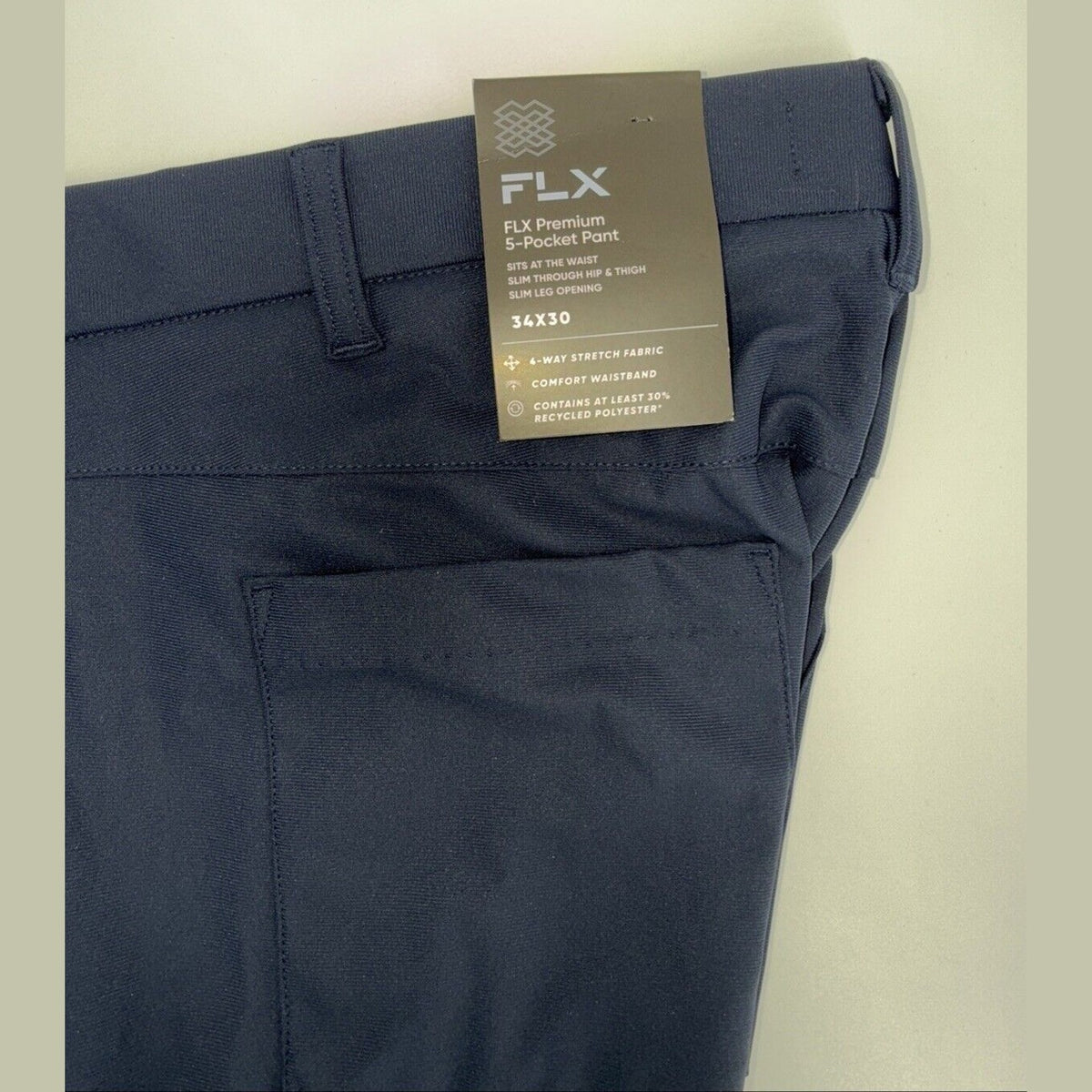 FLX Men’s Premium Slim 5 Pocket Pants- Navy- 34W 30L - New Tags