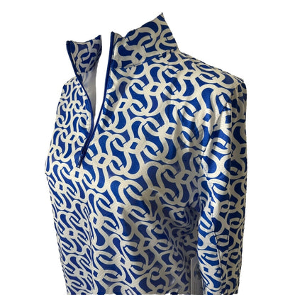 $95 X by GOTTEX GEO  Long Sleeve Mock Neck Shirt - Geo Blue/White-Medium-New