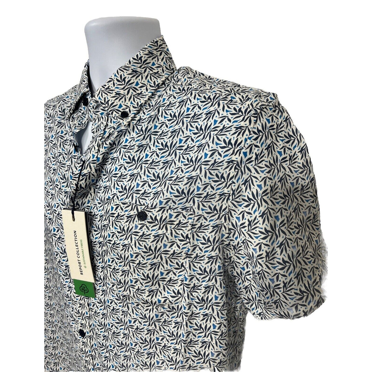 $59 Report Collection Men’s Tropical Print Short Sleeve Button Down-Blue-Small