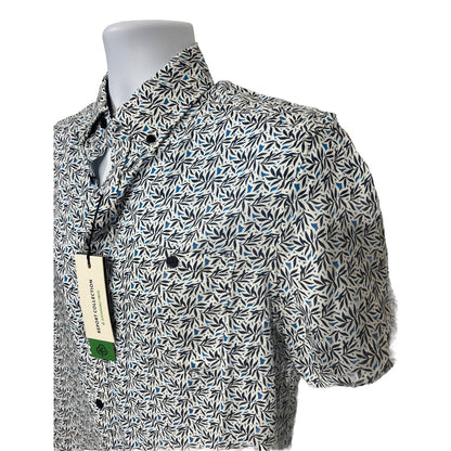 $59 Report Collection Men’s Tropical Print Short Sleeve Button Down-Blue-Small