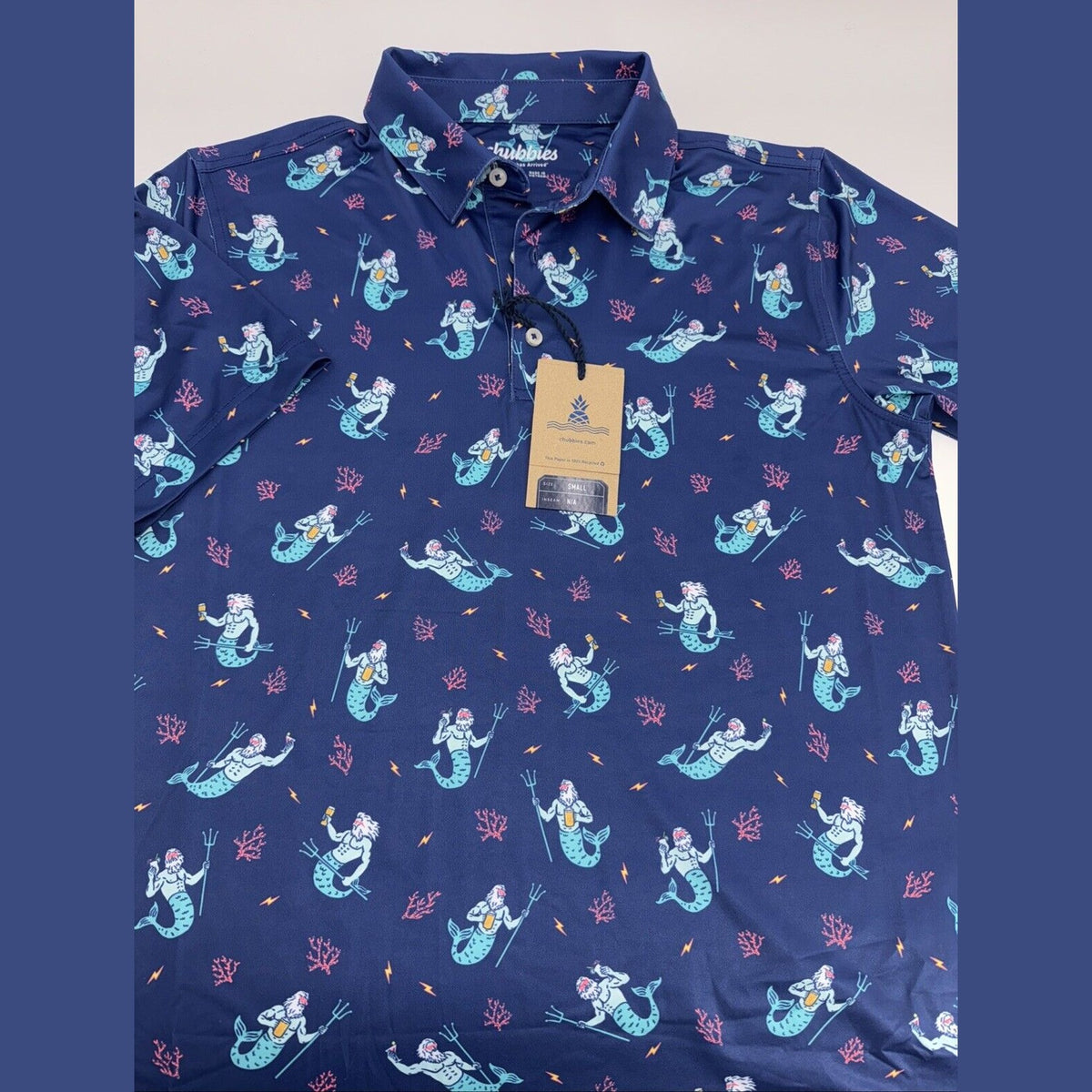 $60 Chubbies Men's The Triton Sea Performance Polo Shirt-Blue-Small-New Tag