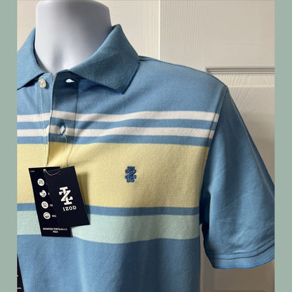 IZOD Men's Advantage Performance Short Sleeve Stripe Polo- Blue/Yellow-Small-New