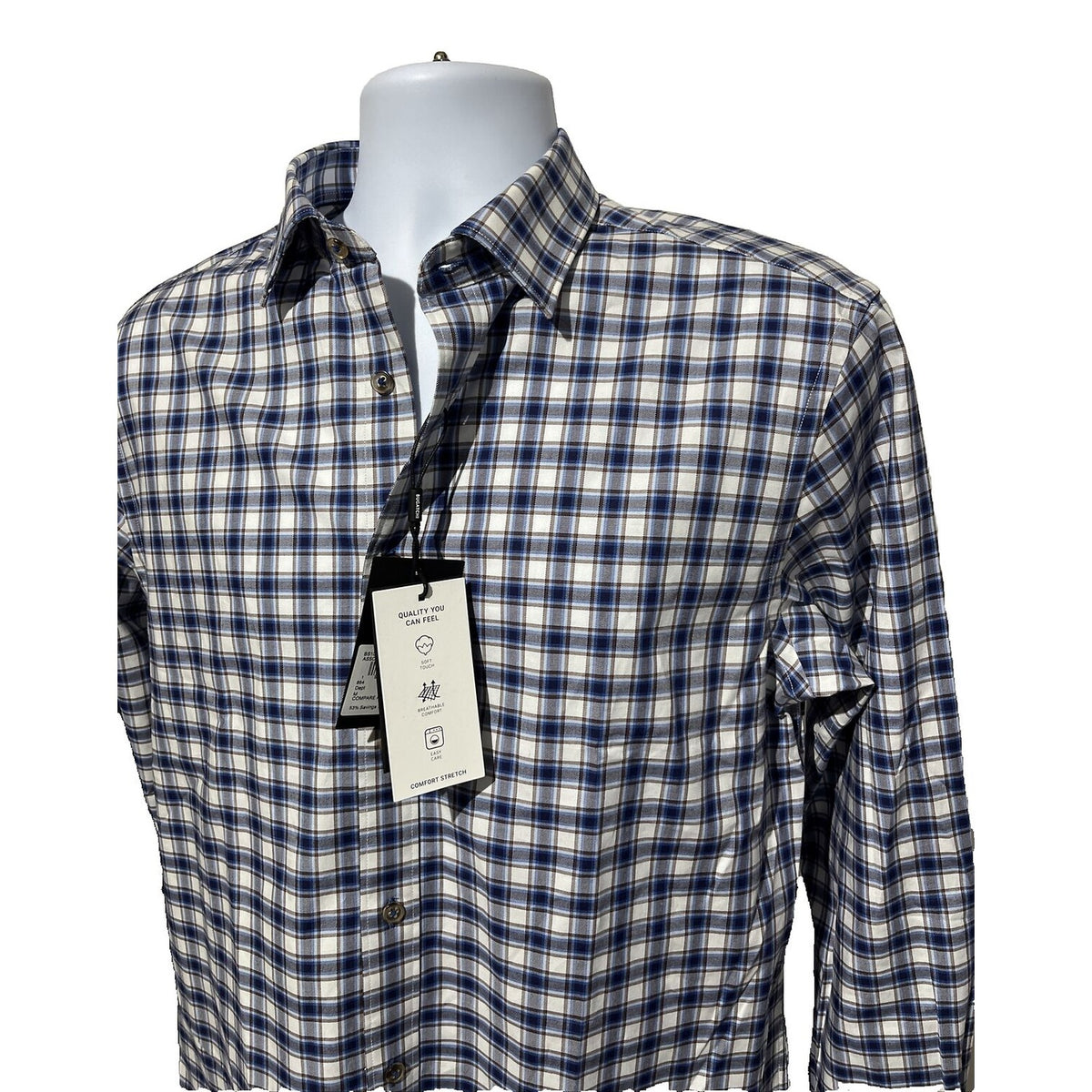 Bugatchi Uomo Men’s Plaid Dress Shirt Long Sleeve -Blue White-Medium- New $149