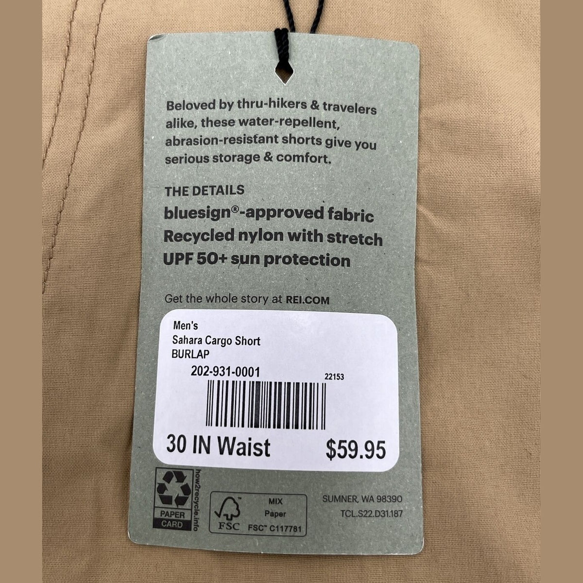 $60 Rei Men’s  Sahara Cargo Shorts Belted Hiking Outdoor-Burlap Beige-30W- New
