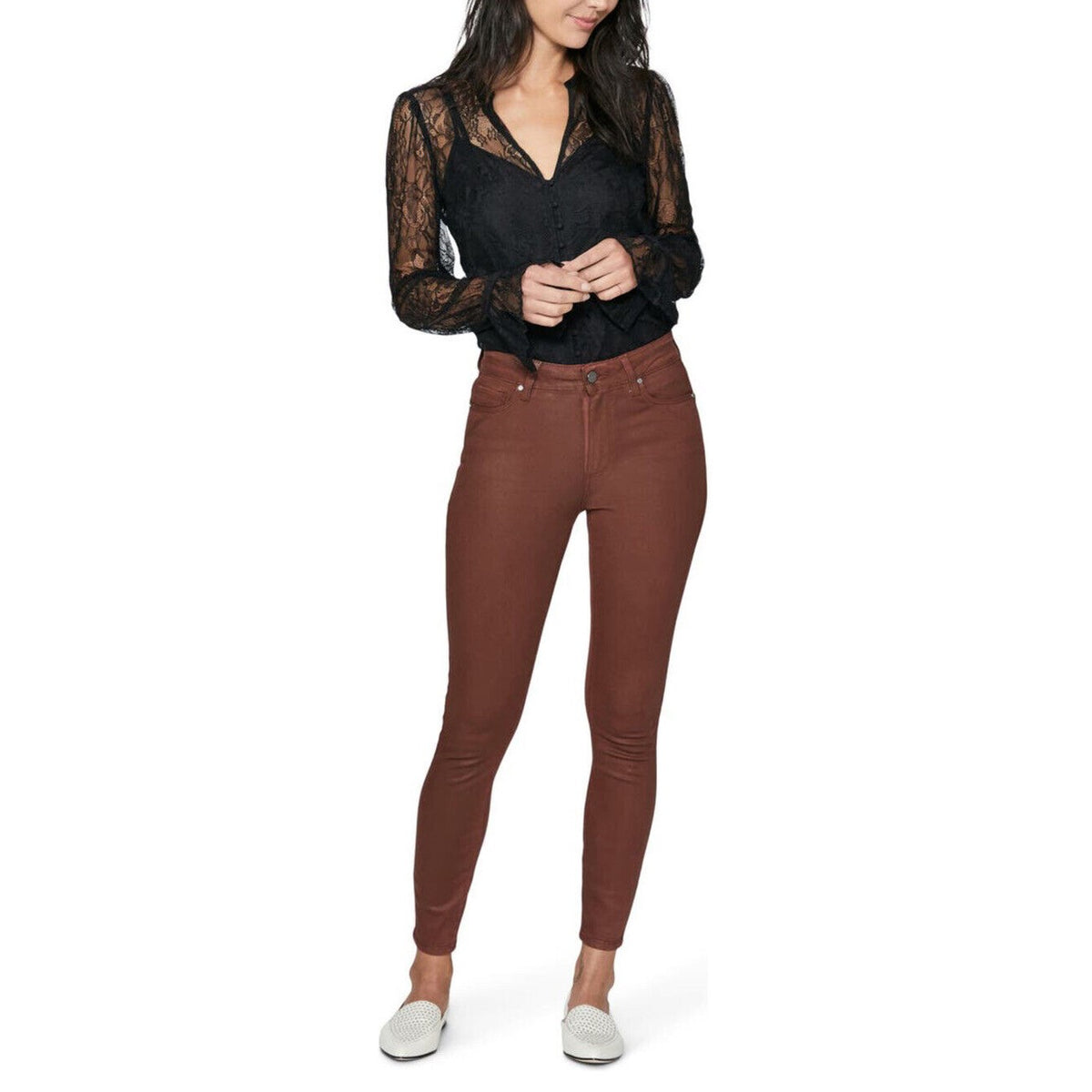 PAIGE Women’s Hoxton Ankle Skinny Jean High Rise Luxe Coated-Dust Tan-Size: 27