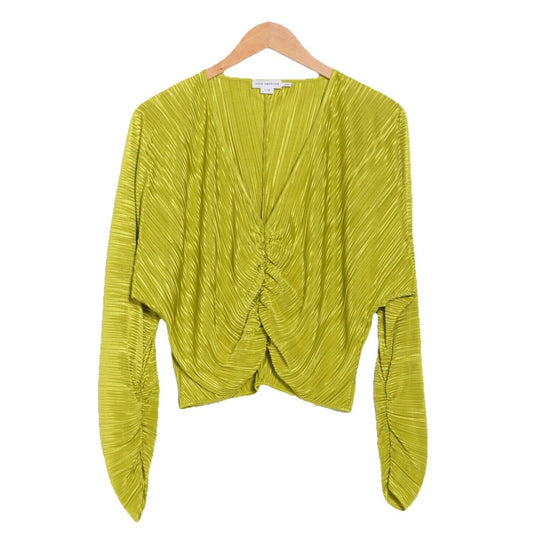 $129 Good American Women’s- Plissé Ruched Top Blouse Shirt- Chartrusse- Size 1/2