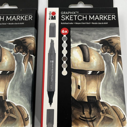 Lot Of 2 Sets Marabu Graphix Sketch Marker Set Alpha Robot 6 packs Each- Deal!