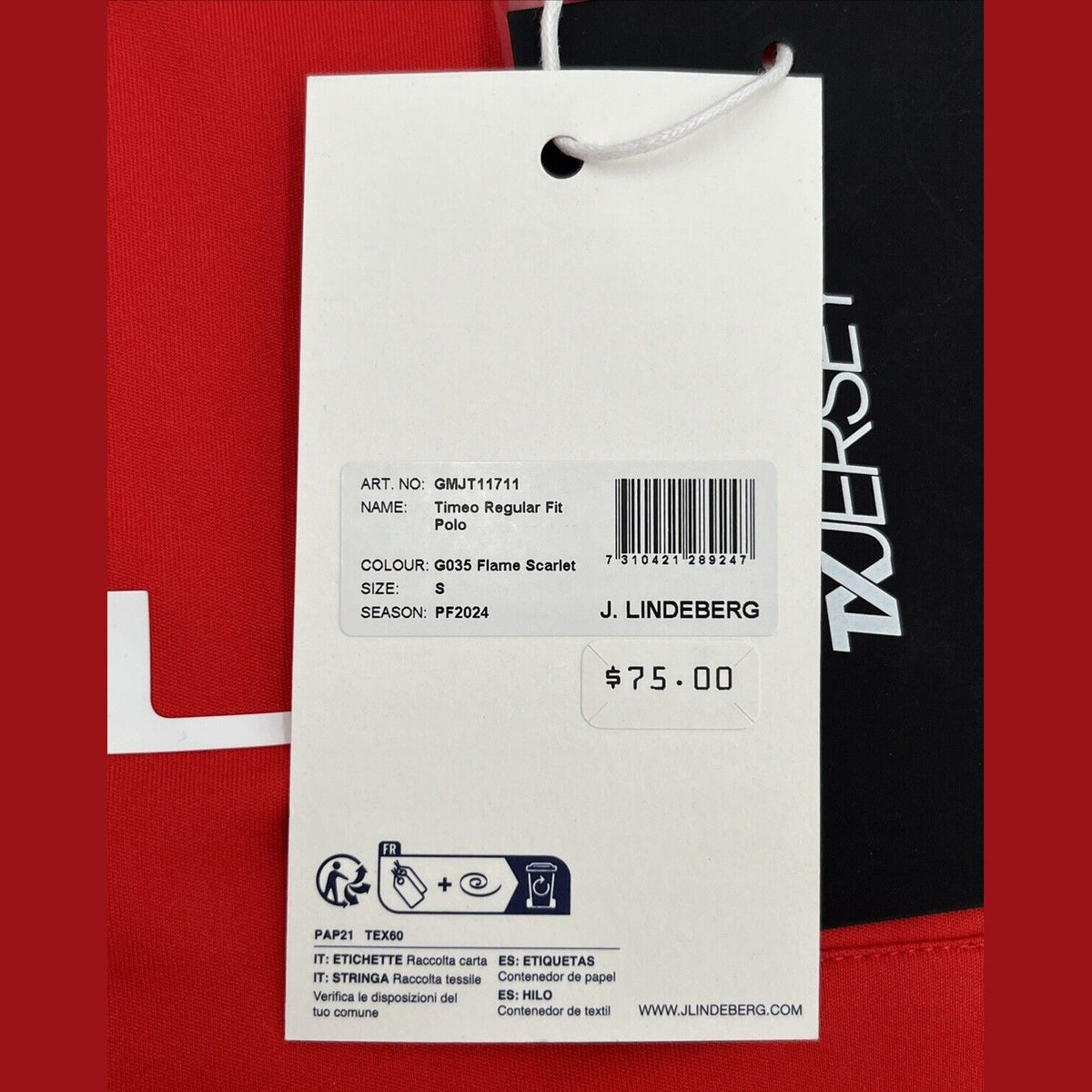 $75 J. Lindeberg Men’s Timeo Regular FIt Golf Polo -Red Flame Scarlet-Small-New