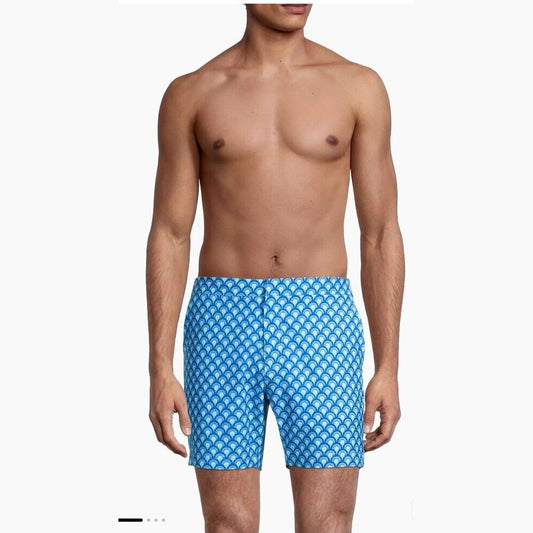 $89 FAIR HARBOR Men’s Sextant Swim Trunk Inner Lined Shorts-Blue Deco-Size: 32W