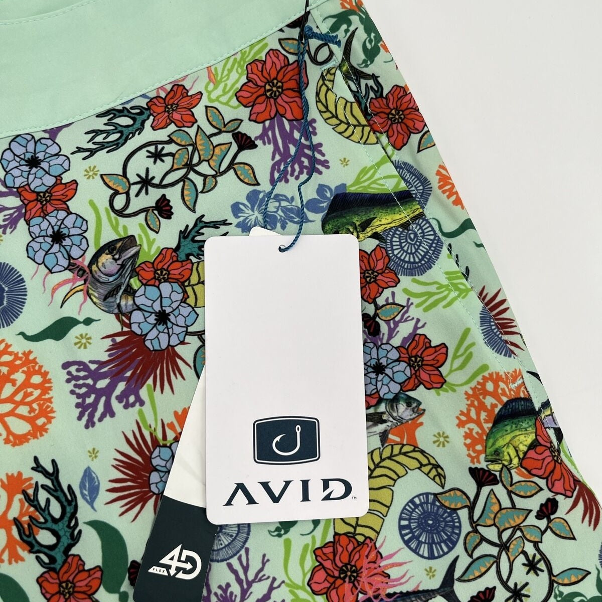 $60 Avid Men’s Gear Trunks Board Shorts-Fish Floral Sea-foam Iconic-Size: 34-New