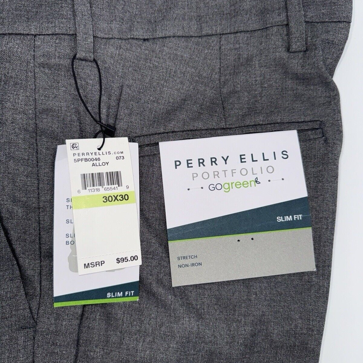 $95 Perry Ellis Men's Slim-Fit Flat Front Dress Pants - Alloy Grey-30W 30L-New