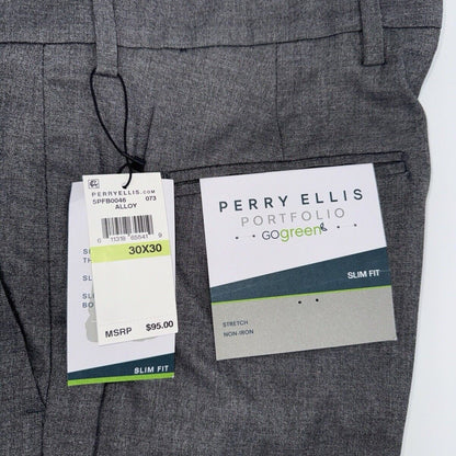 $95 Perry Ellis Men's Slim-Fit Flat Front Dress Pants - Alloy Grey-30W 30L-New