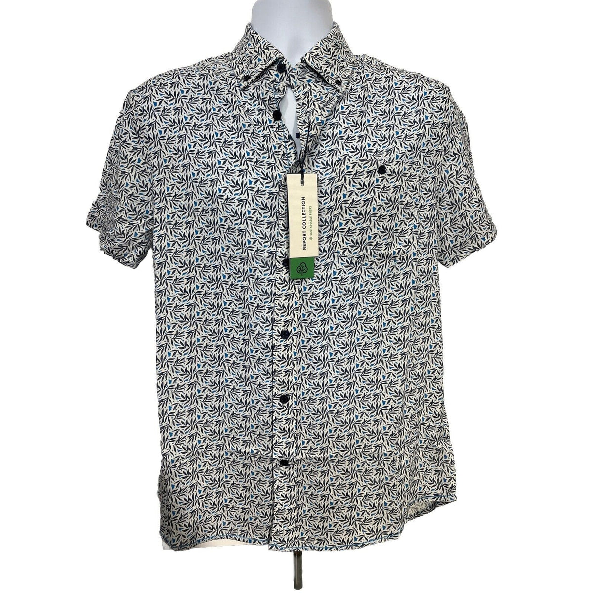 $59 Report Collection Men’s Tropical Print Short Sleeve Button Down-Blue-Small