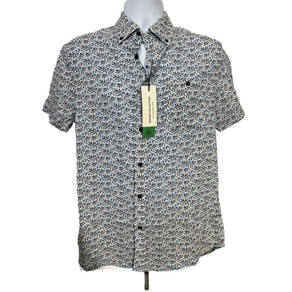 $59 Report Collection Men’s Tropical Print Short Sleeve Button Down-Blue-Small