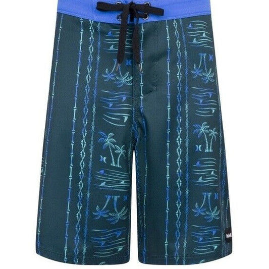 Hurley Boy’s Palm Stripe Boardshorts Swim Trunks- Midnight Teal- Size Boy’s 12