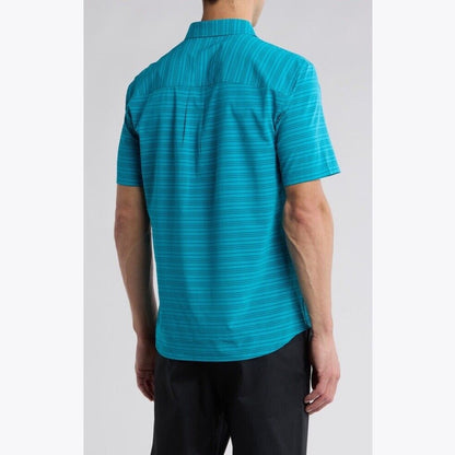 $80 COTOPAXI Men’s Cambio Button Up Short Sleeve Shirt-Mineral Blue Stripe-Small