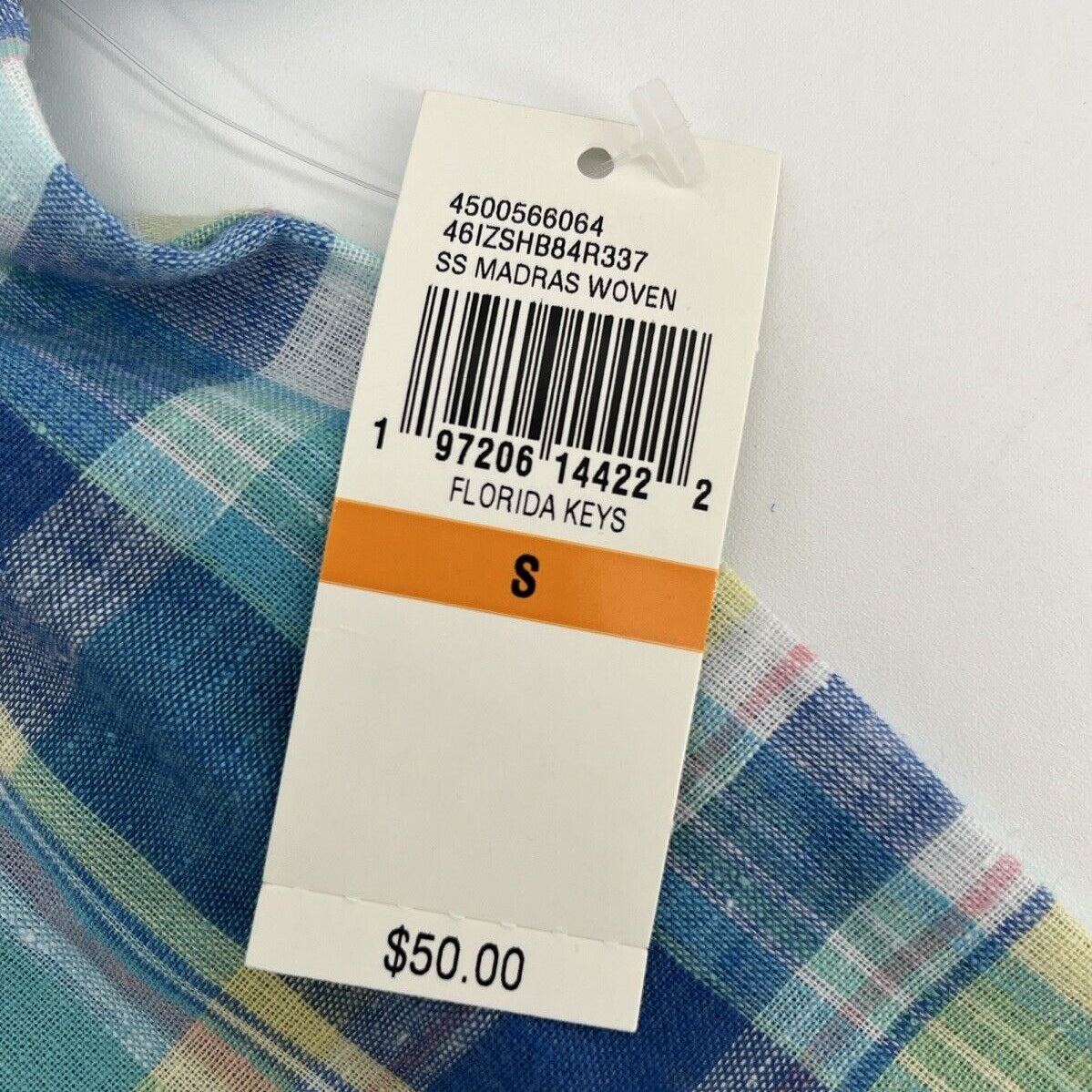 $50 Izod Men’s Linen Blend Madras SS Button Up Shirt-Florida Keys Plaid-Small