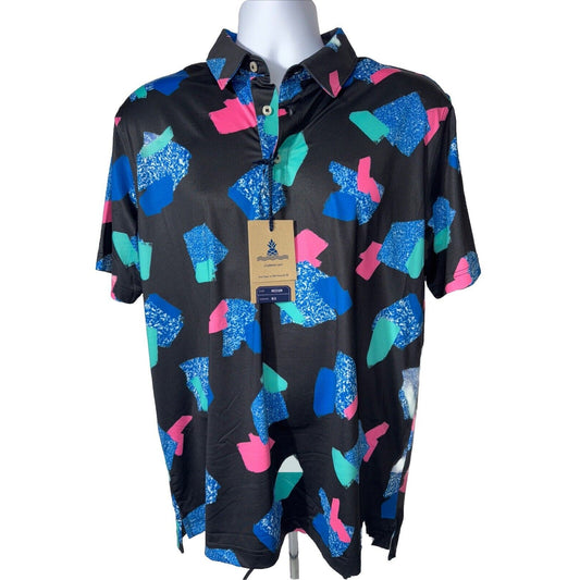 Chubbies Men's The Abs Tract  Performance Polo Shirt- Black Multi- Medium -New