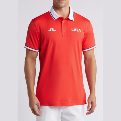 $75 J. Lindeberg Men’s Timeo Regular FIt Golf Polo -Red Flame Scarlet-Small-New