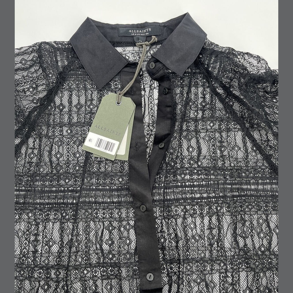 $269 ALLSAINTS "Oana" Black Sheer Lace Relaxed Button Up Shirt Blouse-Sz 4- NWT